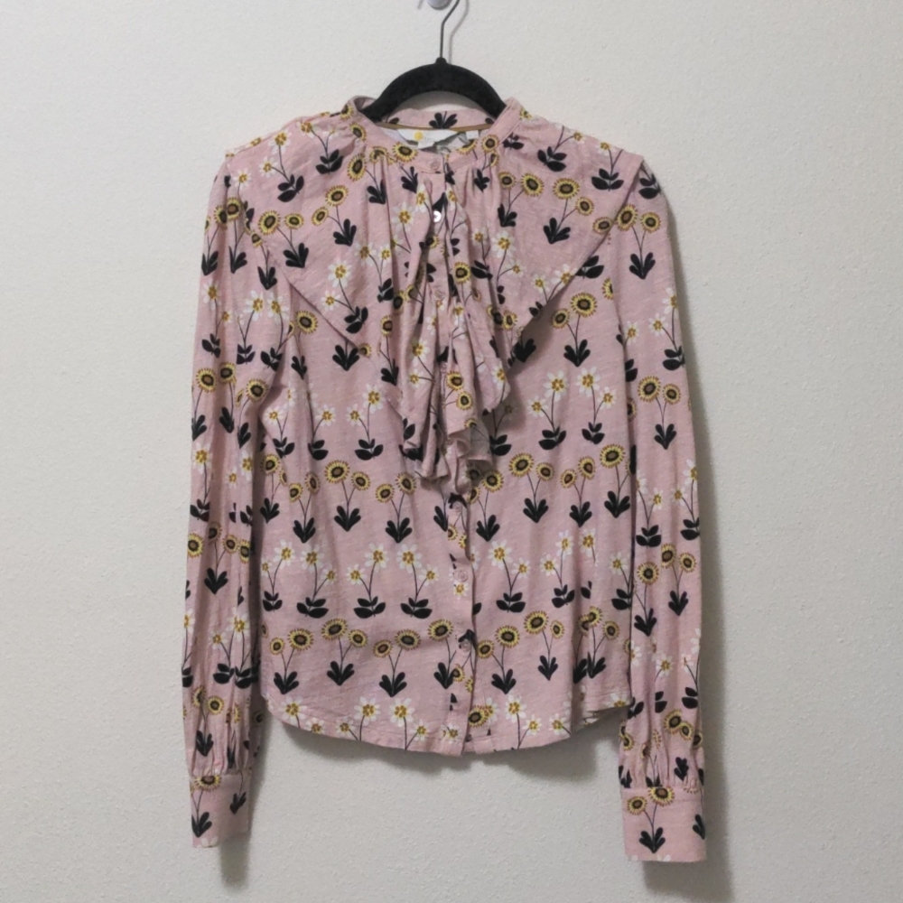 Boden Pink Floral Ruffle Button-Down Shirt